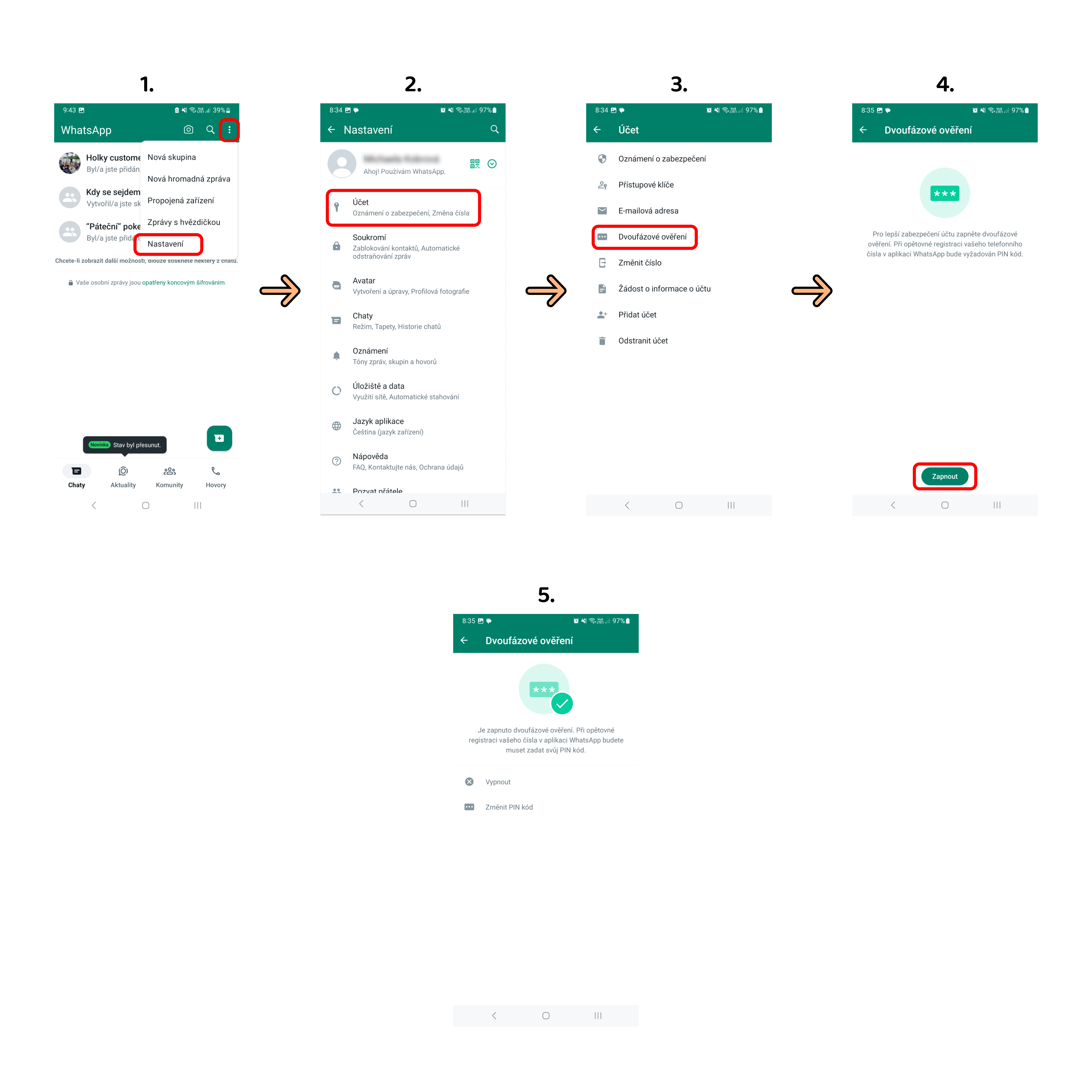 Snímky obrazovky aplikace Whatsapp s nastavením dvoufázového ověření.