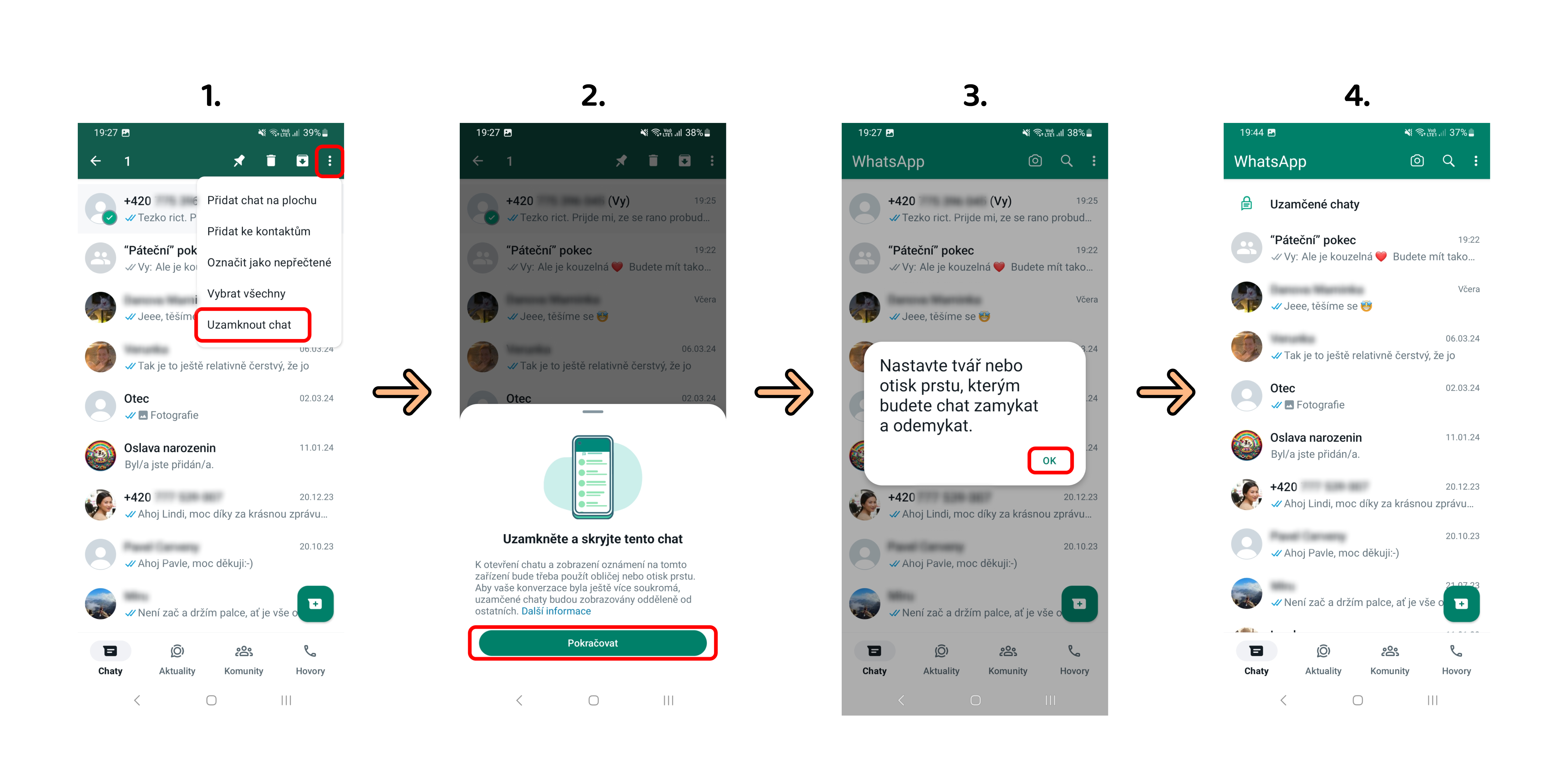 Snímky obrazovky aplikace Whatsapp s postupem uzamčení chatu.